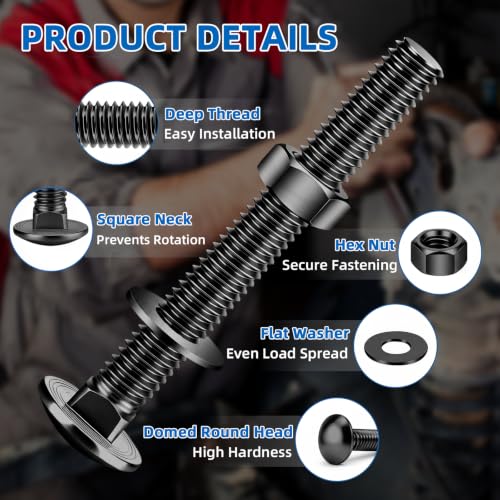 Mellewell 1/4-20 x 2-1/2" Carriage Bolt Kit, Carriage Bolts with Nuts and Washers, Round Head Square Neck, 304 Stainless Steel, Full Thread, Black Finish, 8 Sets - color: Black, size: 1/4-20 x 2-1/2"