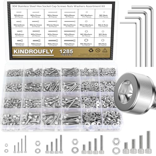 1285 Pieces M2 M2.5 M3 M4 Hex Socket Head Cap Screws Nuts Washers Assortment Kit, 304 Stainless Steel, Fully Machine Thread - size: M2 M2.5 M3 M4, style: Socket Head