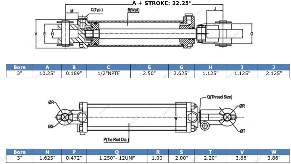 Tie-Rod Cylinder for Double Acting - Double Acting Hydraulic Cylinder, 3" Bore, 12'' Stroke