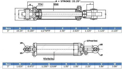 Tie-Rod Cylinder for Double Acting - Double Acting Hydraulic Cylinder, 3" Bore, 12'' Stroke