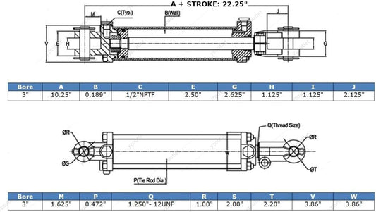 Tie-Rod Cylinder for Double Acting - Double Acting Hydraulic Cylinder, 3" Bore, 12'' Stroke