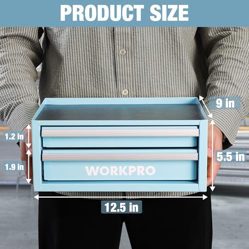 WORKPRO 12.5" Mini Metal Tool Box with 2 Drawers - color: Macaron Blue