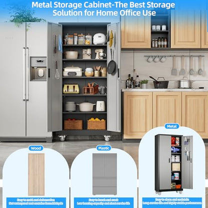 Reemoon 71" H Metal Garage Storage Cabinet with Wheels,Pegboard,Shelves - color: Black-dark Grey, size: 18"D x 34"W x 71"H
