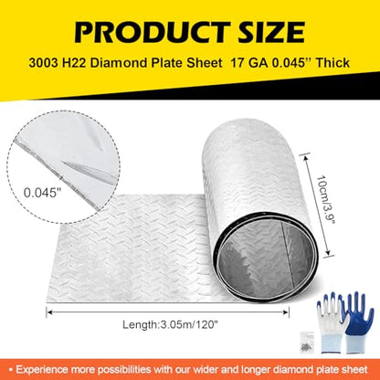Diamond Plate Aluminum Sheet – 3003 H22, 17GA 0.045" Thick, Heavy-Duty Aluminum Sheet Metal 4" x 120", Rust-Resistant Metal Panel for Kitchen, Bathroom, Walk-in Refrigerators, Trailers & DIY Projects - size: 4" x 120"