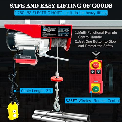 1760LBS Electric Hoist with Remote Control,Wireless/Wired Electric Hoist 110volt,65.6/33ft Lifting Height,Single/Double Slings Steel Lift Hoist Winch for Garage Warehouse Factory