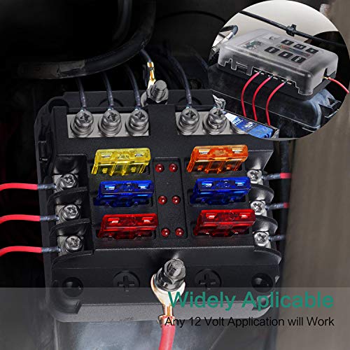 6 Way Fuse Block,12V Blade Fuse 6 Circuit ATC/ATO Waterproof Fuse Box Holder with LED Indicator Waterpoof Cover for 12V/24V Automotive Truck Boat Marine RV Van Vehicle (with 8 pcs Fuse)