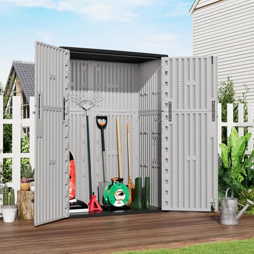 Mrosaa Outdoor Storage Shed Waterproof,Resin Storage Sheds Outdoor with Floor,Outdoor Storage Cabinet for Garage Storage, Pool Storage, Bike, Garden (57Cu.ft) - color: Pale gray-57Cu.ft