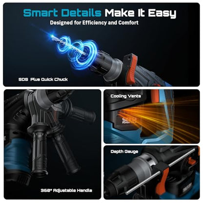 Seesii 13 Amp SDS-Plus Rotary Hammer Drill for Concrete, 6J, 4 Functions