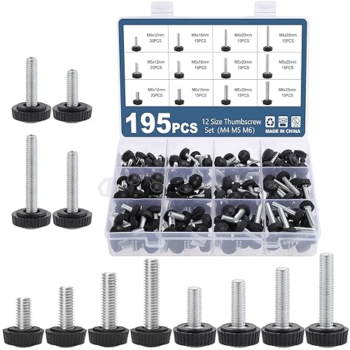 195PCS 12 Size Thumb Screws Carbon Threaded Knurled Knob Mounting Screw Grip Knobs Handle Bolts Round Clamping Screws Hose Clips for Kinds of Stand and Machine(M4、M5、M6) - size: M4/M5/M6