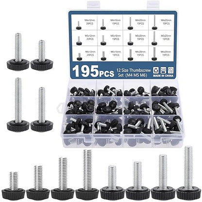 195PCS 12 Size Thumb Screws Carbon Threaded Knurled Knob Mounting Screw Grip Knobs Handle Bolts Round Clamping Screws Hose Clips for Kinds of Stand and Machine(M4、M5、M6) - size: M4/M5/M6