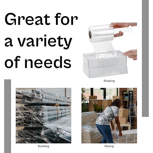PSBM Mini Stretch Wrap with Plastic Handle, 12 Rolls 5 Inch x 1000 Feet 63 Gauge Heavy Duty Clear Plastic Wrap Industrial Strength Shrink Film for Moving, Packing & Shipping - size: 5 Inch, style: 63 GA