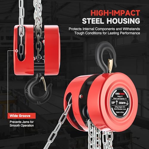 CREWORKS Hand Chain Hoist, 1 Ton 2200 lb Capacity 10 ft Manual Chain Hoist with G80 Load Chain & Galvanized Hand Chain, Heavy Duty Manual Lever Hoist for Construction Warehouse Automotive Factory - style: Round Hand chain hoist, 1 Ton, 10FT