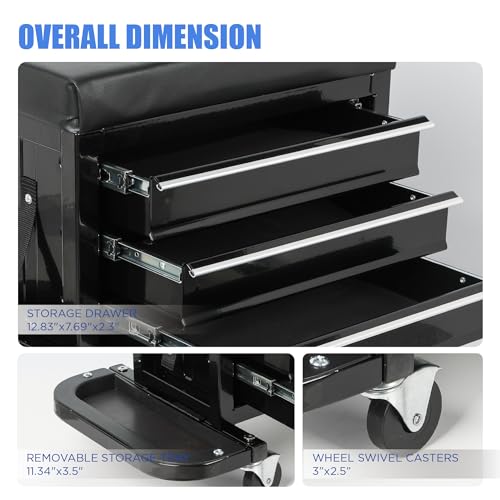 3-Drawer Tool Chest Rolling Mechanic Seat with Tool Trays, Rolling Tool Chest for Mechanics - Heavy-Duty Steel Construction, Padded Seat, Storage Tank, 350lbs Max Weight Capacity - color: 3-drawer-large
