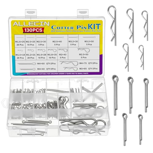 16 Sizes Cotter Pin Assortment Kit 304 Stainless Steel Hardware Cotter Pins Set R Clips Split Pins (Pack of 130Pcs) - size: R&Straight
