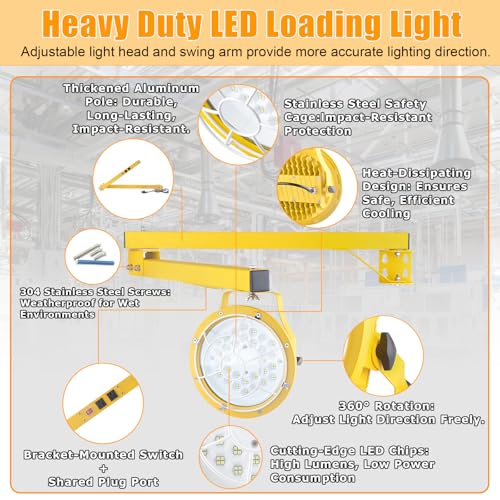 LED Loading Dock Light with 43" Adjustable Swing Arm, 30W/50W Selectable, 5500LM 3CCT (3000K/4000K/5000K), IP65 Waterproof, 360° Rotatable Work Light for Warehouse, Trailer, Garage, 100–277V ETL