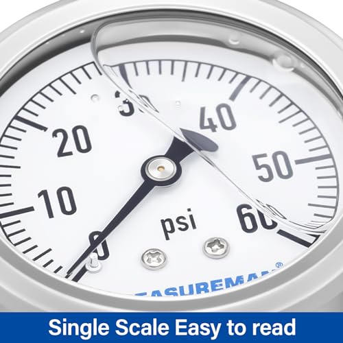 MEASUREMAN 2-1/2" Dial Size, Glycerin Filled Plumbing Pressure Gauge, 0-60psi, Stainless Steel Case, 1/4" NPT Back Mount - size: 0-60 psi, style: Back Mount