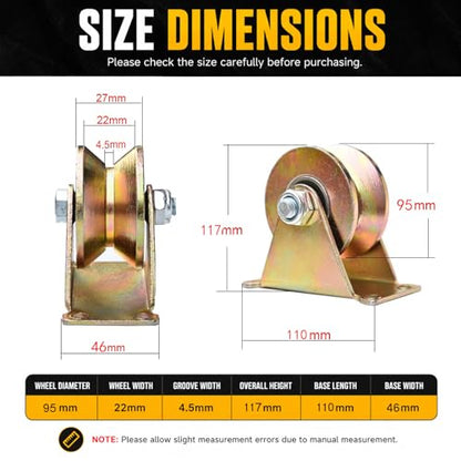 Lyplus Heavy Duty 4" V-Groove Caster Wheel Set for Square Metal Tracks, 1765 LBS Capacity per Wheel, Rust-Proof Pulley Kit, 2-Pack, Galvanized Steel - size: 4in-V 2Pack