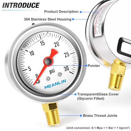 MEANLIN MEASURE 0~30Psi Stainless Steel 1/8" NPT 1.5" FACE DIAL, Glycerin Filled Pressure Gauge, Liquid Filled, Water Oil Air, Lower Mount, with 1/4" NPT and 3/8" NPT Hex Bushing - size: 0-30Psi