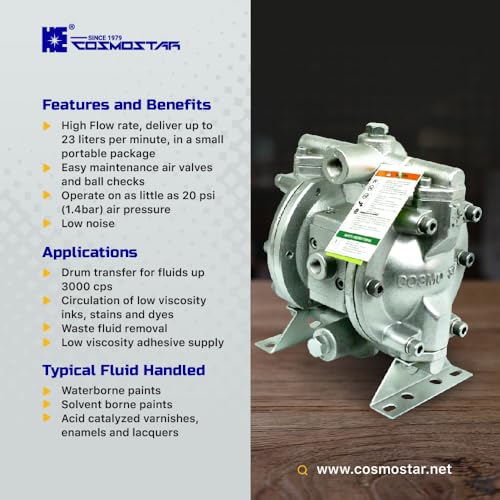 COSMOSTAR D0902 3/8" Double Air Diaphragm Pump, Aluminum Body, Teflon Ball, seat and Diaphragm, Pump Muffler, Pump, Chemical Pump, Waste Oil Pump, Pneumatic Oil Pump, Diaphragm Pumps - size: D0902 3/8" Aluminum