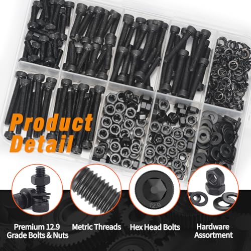 12.9 Grade M4 Screws Assortment Kit, 380pcs Bolts and Nuts Washers Set - size: M4 Bolts and Nuts Washers 12-30mm