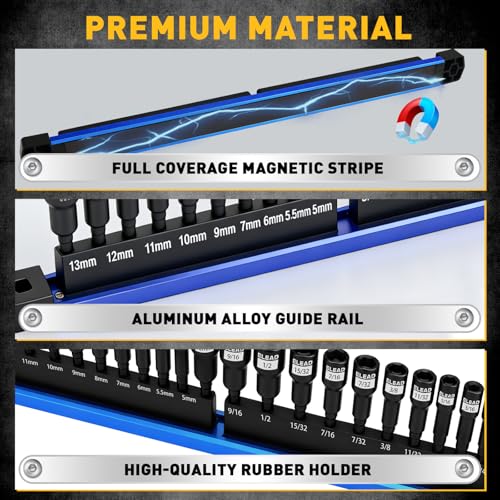 22-Piece Magnetic Nut Driver Set, Metric & SAE (5-13mm & 1/4"-9/16"), 65mm Long, 1/4" Hex Shank Drill Socket Set, Wing Nut-Driver Bit, Quick-change Extension, Magnetic Aluminum Storage Rail - color: 22-piece Nut Driver Set