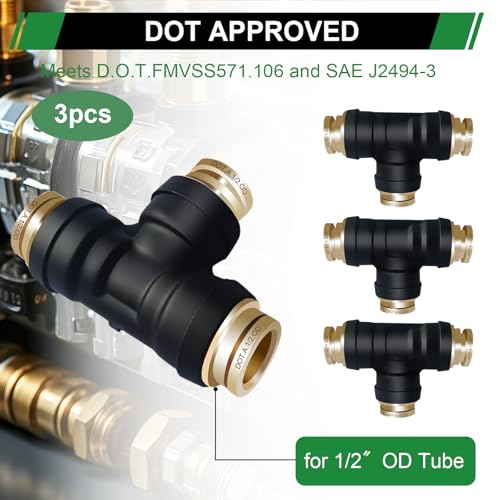 1/2" DOT Air Line Fittings Tee 3PCS,Quick Push To Connect Fittings - color: 1/2" * 1/2" * 1/2" 3PCS