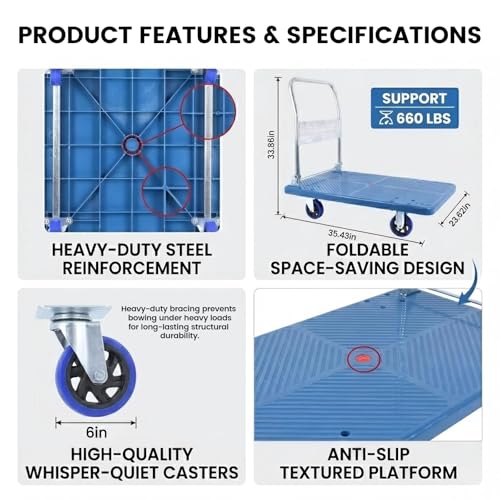 660lbs Foldable Platform Truck Dolly with Swivel Wheels, Heavy Duty Moving Platform Hand Truck, Moving Flatbed Cart Push Cart Platform Dolly Cart for Groceries, Warehouse(35.43" x 23.62") - style: 660lbs