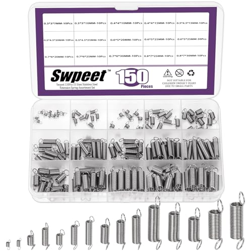 Swpeet 150Pcs 15 Different Sizes Stainless Steel Extension Spring with a Dual Hook Assortment Kit, Mechanical Extension Springs Small Spring for Home Repairs
