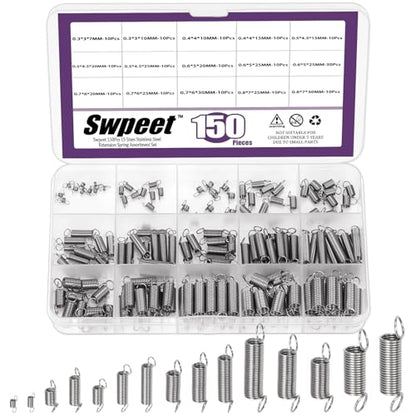Swpeet 150Pcs 15 Different Sizes Stainless Steel Extension Spring with a Dual Hook Assortment Kit, Mechanical Extension Springs Small Spring for Home Repairs