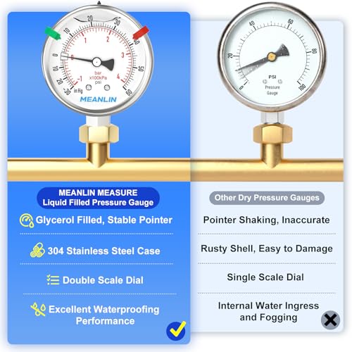 MEANLIN MEASURE -30inHG~60Psi Vacuum Pressure Gauge 316 Stainless Steel Joint 1/4"NPT 2.5"FACE DIAL, Liquid Filled Pressure Gauge WOG Water Oil Air Lower Mount with Stainless Steel Hex Bushing, Snaps - size: -30inHG-60Psi, style: Lower Mount