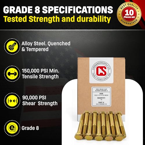 Chenango Supply 5/8-11 x 4-1/2" Grade 8 Hex Head Cap Screws - size: 5/8-11 x 4-1/2" Hex Bolt