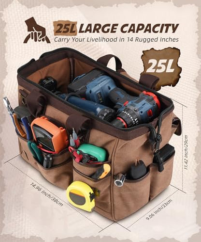 ARCFOX 14 Inch Portable Electrician Tool Bag 21 Pockets - Heavy Duty 16OZ Canvas Tool Bags Organizer with Wide Mouth & Adjustable Shoulder Strap for HVAC, Mechanics, Maintenance, UTV-Effortless Carry