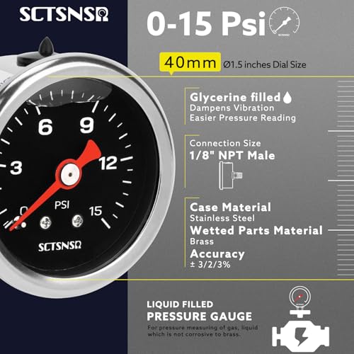 0-15 Psi Fuel Pressure Gauge, 1/8" NPT Back Mount, Black Dial - size: 0-15 Psi, style: Back Mount (Black Dial)