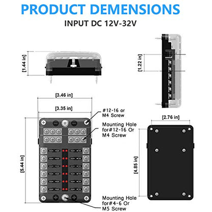 12 Way 12V Fuse Box 12Volt Blade Fuse Block, 12 Circuit W/Negative Bus Waterproof Fuse Box with LED Indicator for 12V/24V Automotive Golf Cart Truck Car Boat Marine RV Van Vehicle - style: 12 Way