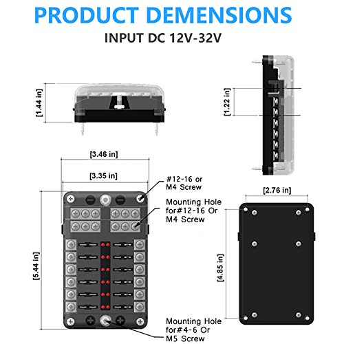 12 Way 12V Fuse Box 12Volt Blade Fuse Block, 12 Circuit W/Negative Bus Waterproof Fuse Box with LED Indicator for 12V/24V Automotive Golf Cart Truck Car Boat Marine RV Van Vehicle - style: 12 Way