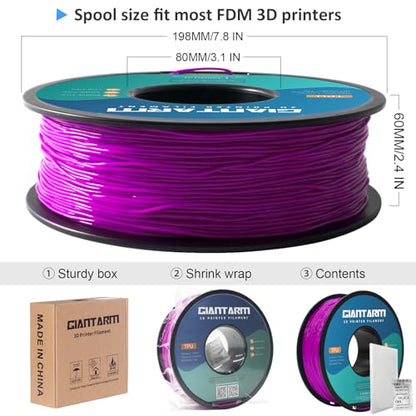 GIANTARM 95A TPU 3D Printer Filament 1.75mm, 1kg Spool, Purple, +/- 0.03mm - color: Tpu-purple 2