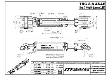 Double Acting Hydraulic Cylinder - AG Tie-Rod Hydraulic Cylinder 2500 PSI Agriculture Standard 2" bore 8" Stroke (2x8 ASAE) - size: 8" Stroke ASAE, style: 2" Bore