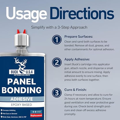 6 Pack Buck Panel Bonding Adhesive, Two-Part Epoxy, 400 ml/13.5 fl oz Cartridge, 08115 Replacement, Heavy Duty Metal Glue for Automotive Use, Bonds w/Steel, Aluminum, Plastic, OEM Recommended, Black - size: Panel Bond (400ml), style: 6 Pack