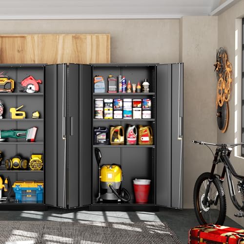 Greenvelly 72" H Metal Garage Storage Cabinet with 2 Doors and 4 Adjustable Shelves, Black Metal Cabinet with Lock, Steel Tool Cabinet for Office, Home, Garage, Gym, School（New Recessed Handle） - color: Black, size: 16"D x 32"W x 72"H
