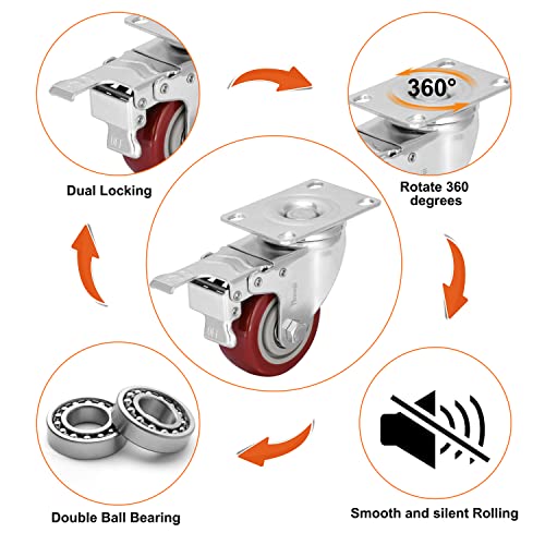 3 inch Heavy Duty Casters,Set of 4,Locking Swivel Wheels - size: 3 inch