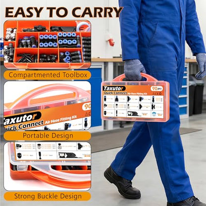 90PCS 1/4" 3/8" Push to Connect Air Fittings Kit, High-Visibility Blue PBT & Brass Quick Connect Pneumatic Assortment, DIY Air Tools & Air Suspension, with Tube Cutter & Tape in Portable Case - size: 90PCS Blue