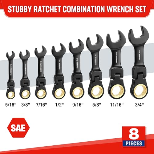 WORKPRO 8-Piece Stubby Flex-Head Ratcheting Wrench Set, SAE 5/16-3/4 in - size: SAE, style: Black electroplating coating