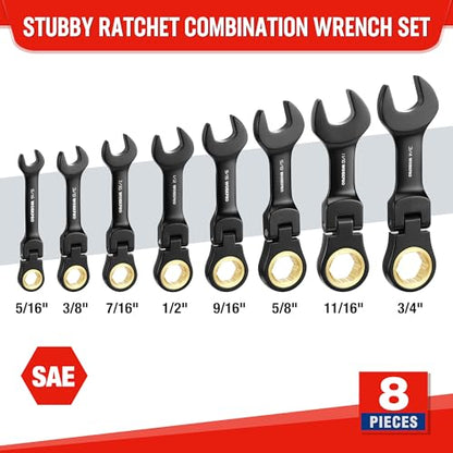 WORKPRO 8-Piece Stubby Flex-Head Ratcheting Wrench Set, SAE 5/16-3/4 in - size: SAE, style: Black electroplating coating
