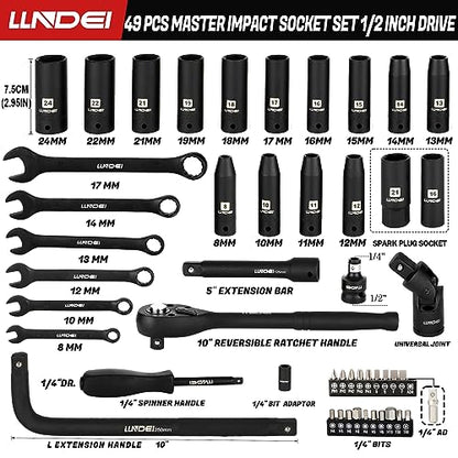 1/2" Impact Socket Wrench Set: 49Pcs Tool Wrench Set, CR-V, Metric - size: 49-Piece 1/2" Drive Socket Set