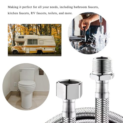 Water Supply Extension Line - 8 Inch Long, 1/2" Male Comp. To 1/2" Female Compression Stainless Steel Braided Hose, Fits Toilet Ballcock or Other Faucet Fitting - 2 Pieces - size: 1/2" Male to 1/2" Female
