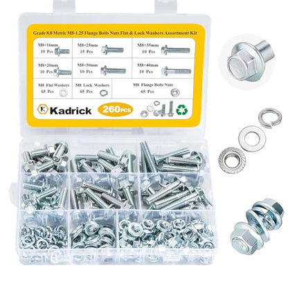 260Pcs Flange Hex Bolts and Nuts Kit,M8 x1.25 (M6 x1.0 M10-1.25 Available) (16mm to 40mm) Metric Bolt Assortment,Alloy Steel Class 8.8 Zinc Plated - size: 260Pcs M8 FLANGE HEX Zinc