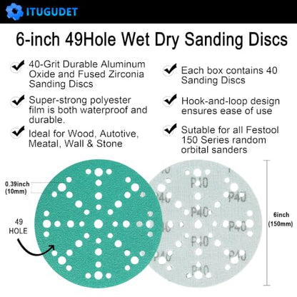 6 Inch 49 Hole Wet Dry P40 Grit Sanding Discs - 40 Pack Box - color: 40 Grit, size: 6 Inch 49 Hole