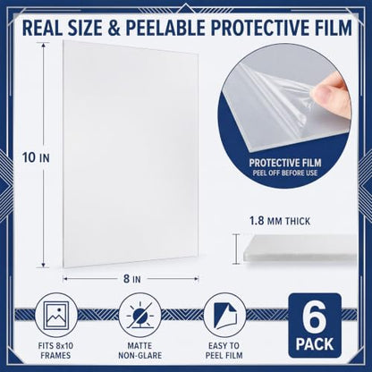 Junkin 6 Pack 8 x 10 Inch Non-Glare Acrylic Sheet for Picture Frame - size: 8 x 10 Inch