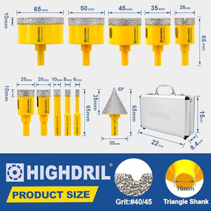 HIGHDRIL 11Pcs Diamond Drill Bit Kit with Triangle Shank for Porcelain Tile - size: Shank Set2
