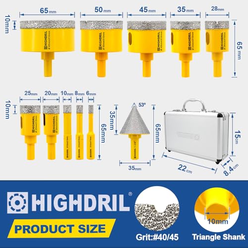 HIGHDRIL 11Pcs Diamond Drill Bit Kit with Triangle Shank for Porcelain Tile - size: Shank Set2